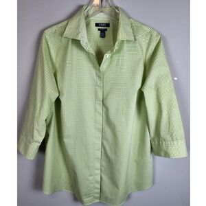 Chaps Womens No Iron Gingham Shirt 1X Green White Check Button Up 3/4 Sleeve